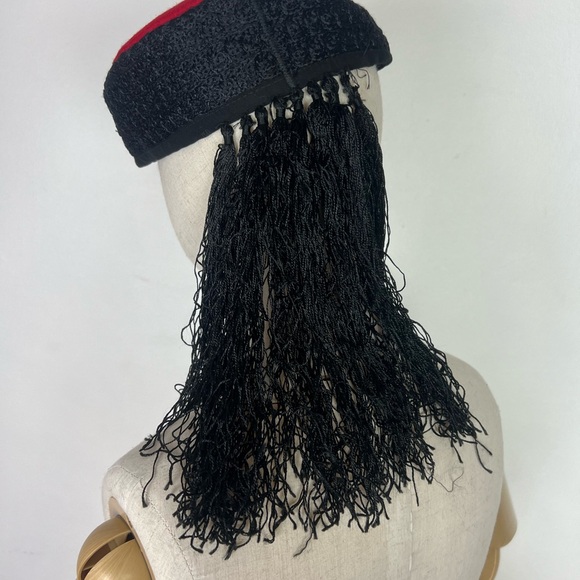 TASSEL FRINGE 1950’s Wool Soutache Embroidered Red and Black Women's Pillbox Hat - Picture 6 of 17